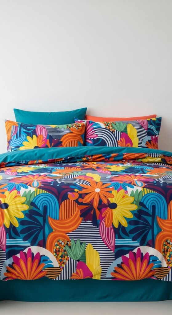 Bedroom with bold patterned bedding creating personality against neutral walls