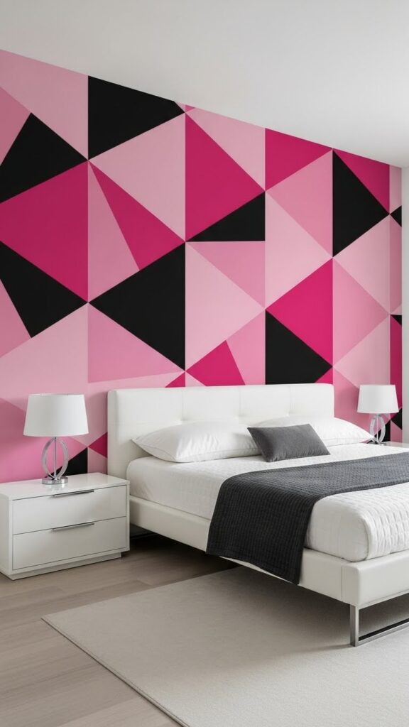Bold modern pink geometric wallpaper with black triangular patterns in contemporary bedroom