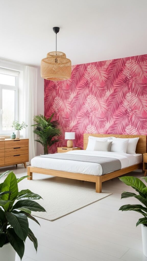 Bold tropical pink palm leaf wallpaper accent wall behind platform bed in modern bedroom