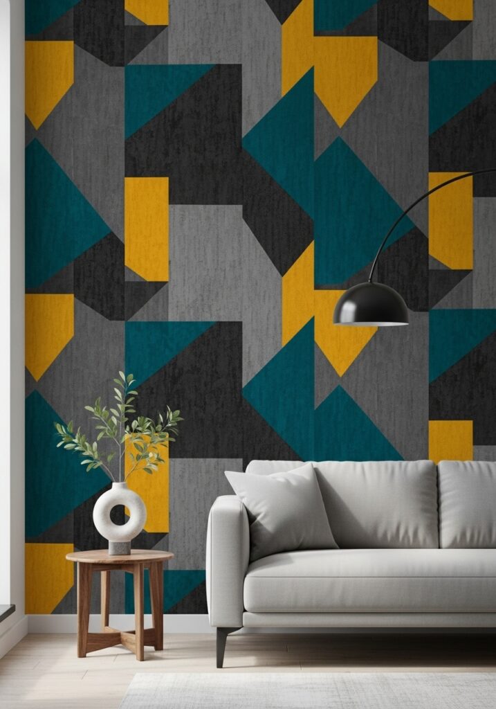 Bold patterned wallpaper on living room accent wall