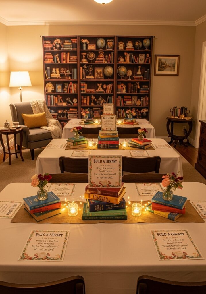 Book themed baby shower with stacked book centerpieces and library decorations