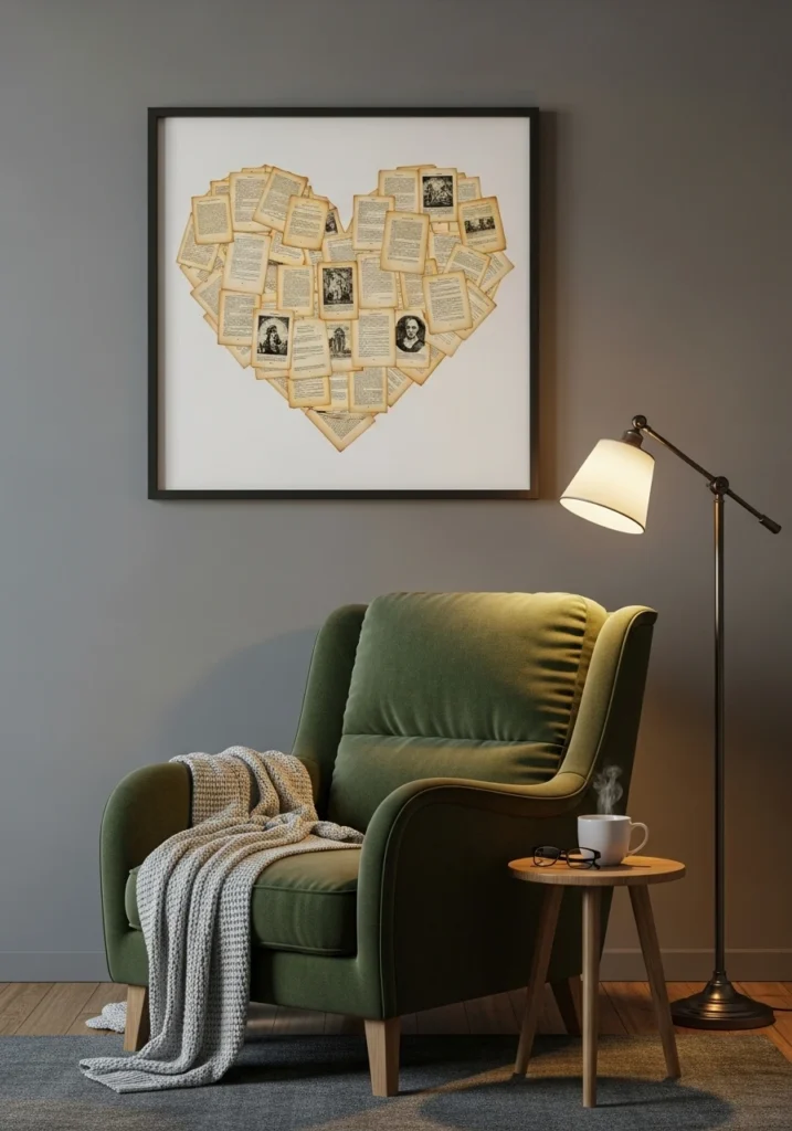 Vintage book pages arranged in heart shape framed above reading chair