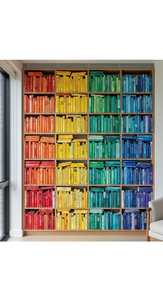Books arranged by color on shelves creating rainbow organized display