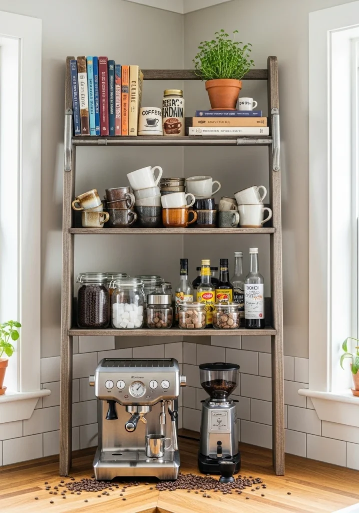Ladder bookshelf repurposed as coffee bar with brewing equipment and organized supplies

