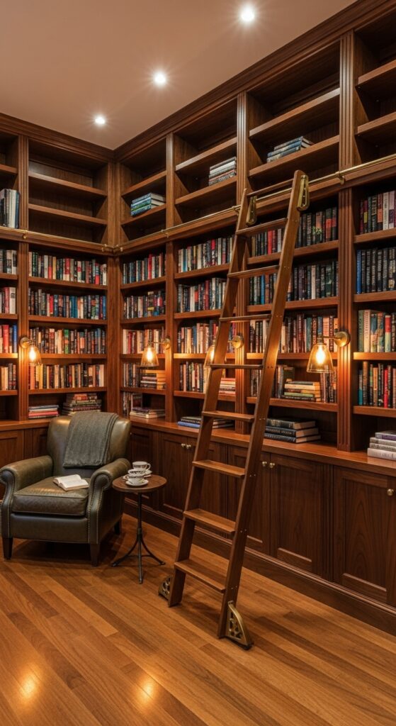 Floor to ceiling bookshelves with rolling library ladder and reading chair in home library corner