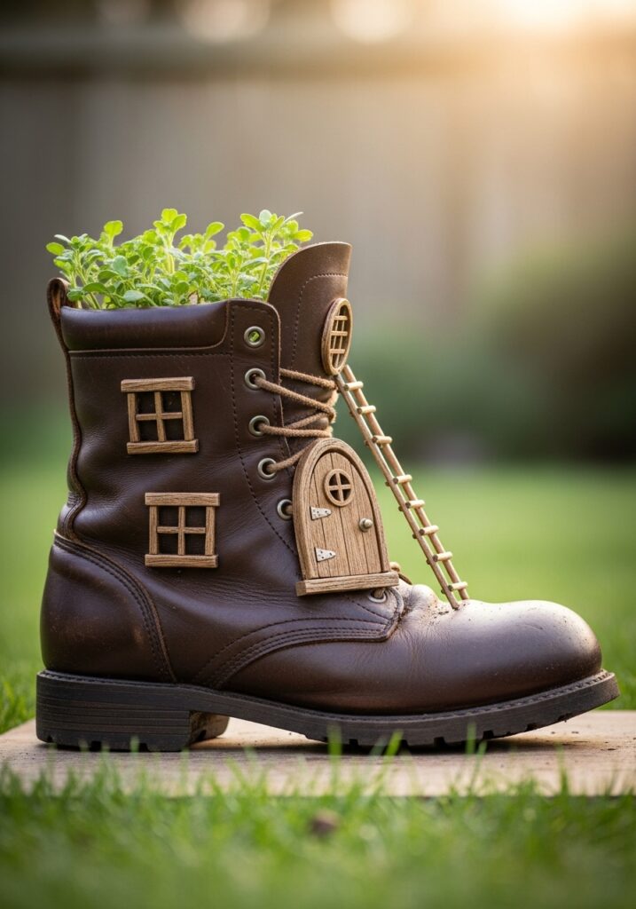 Old boot converted into fairy house planter with door and windows