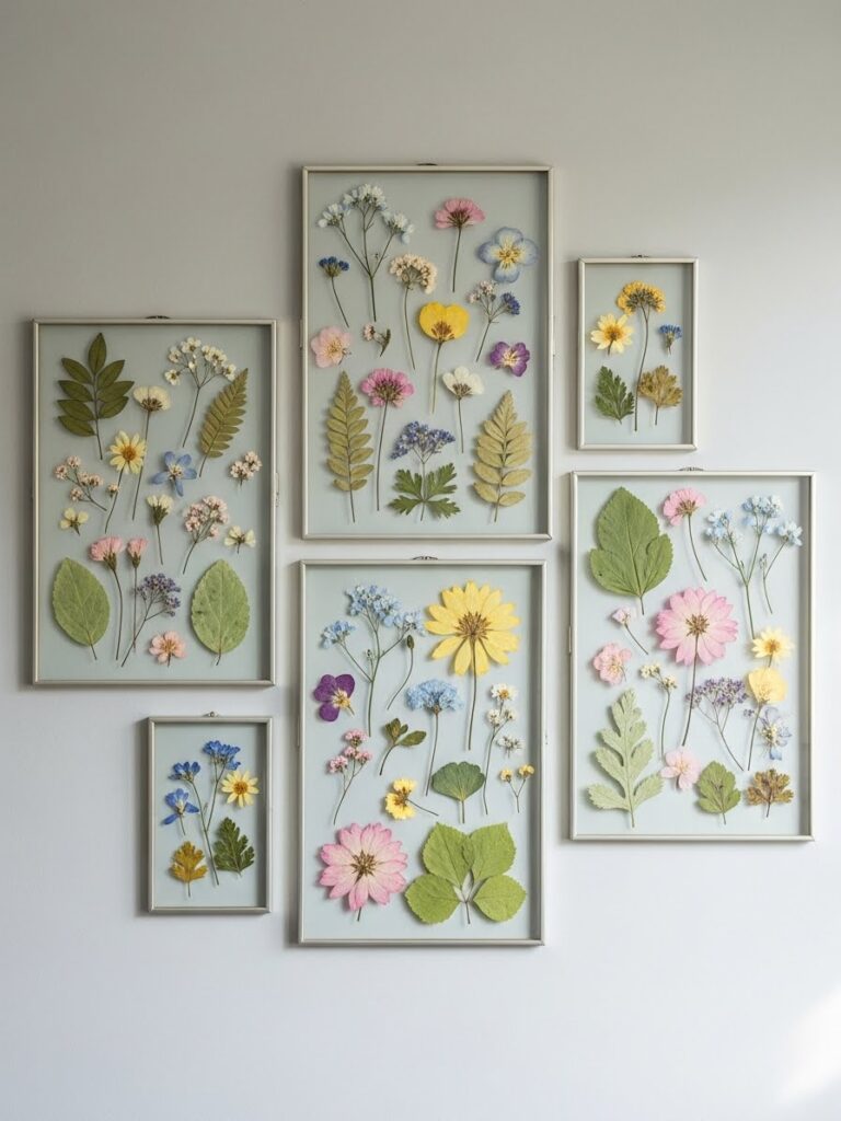Botanical wall art crafted with pressed spring flowers and leaves