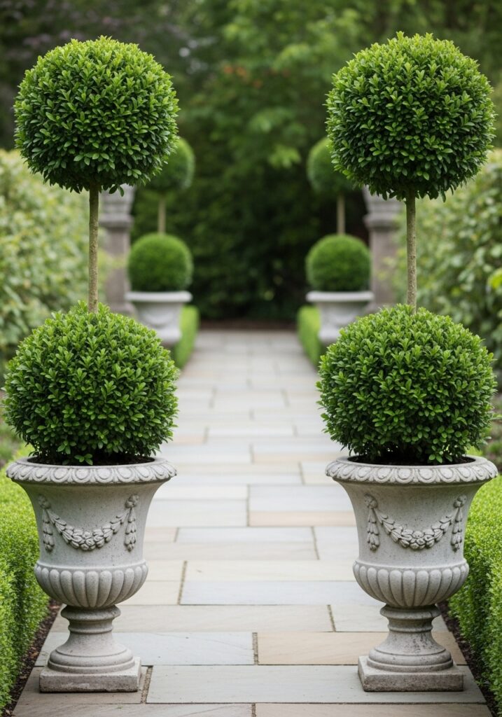 Manicured boxwood topiaries in sphere shapes flanking garden pathway creating formal entrance