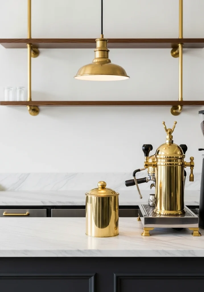 Elegant coffee bar with brass hardware, pendant light, and marble counter


