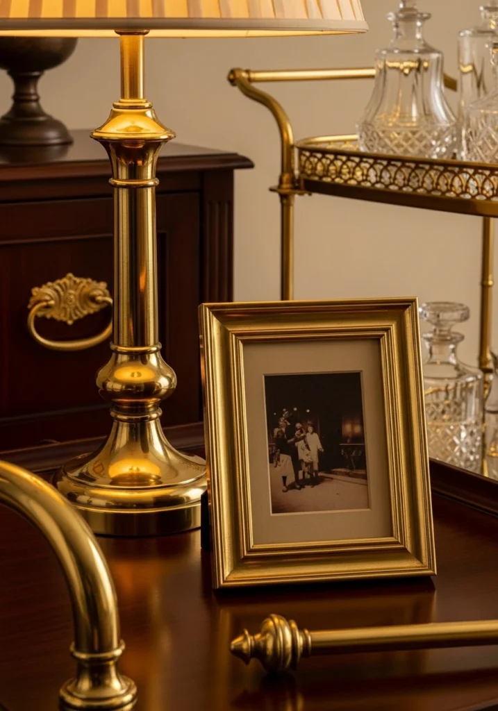 Brass accent details including lamp and frames in living room