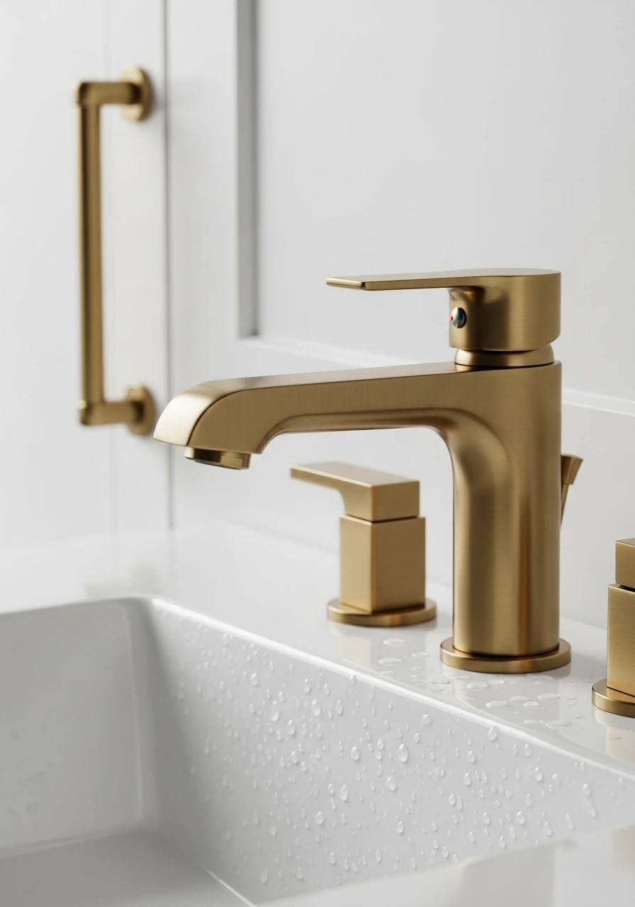 Brushed brass faucet and hardware in elegant laundry room