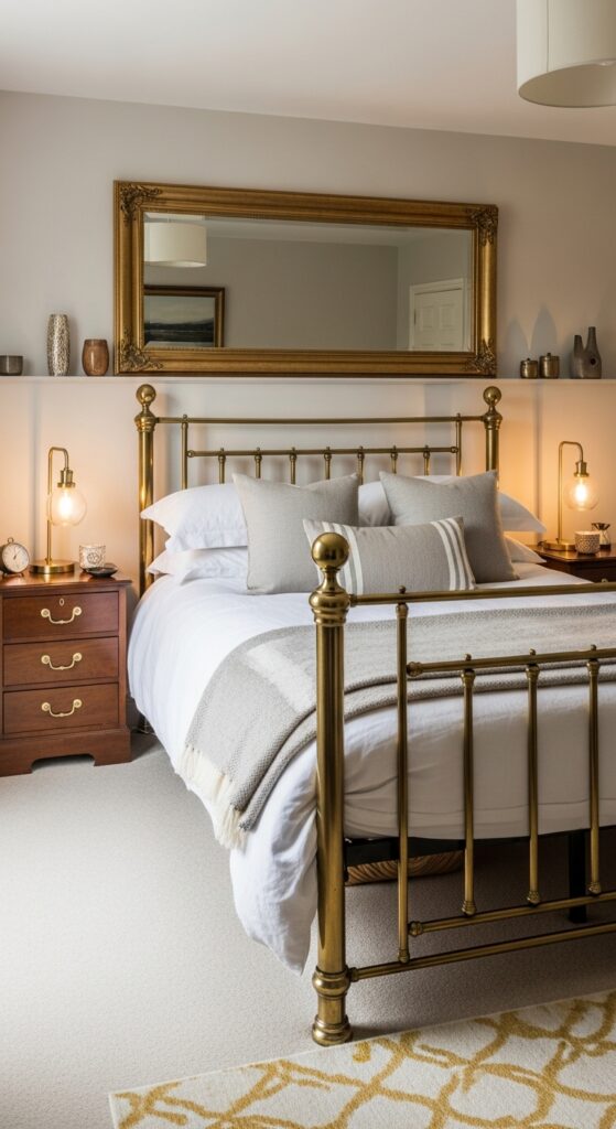 Bedroom with brass and gold accents in bed frame, mirror, and lighting fixtures