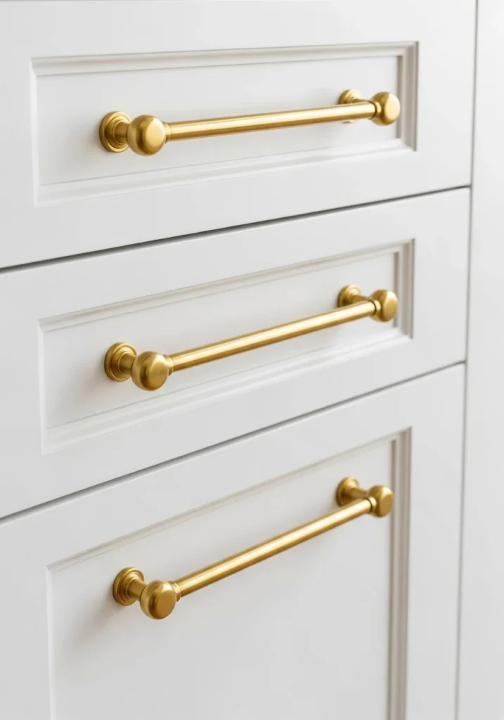 Matching brass hardware on white laundry room cabinets