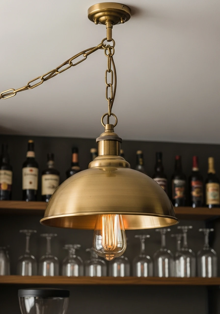 Close-up of brass pendant light fixture above coffee bar station

