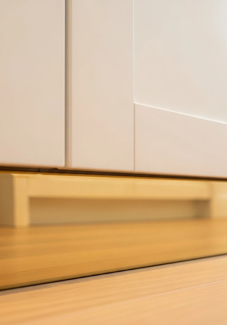 Close-up of polished brass toe kick strip at base of white kitchen cabinets