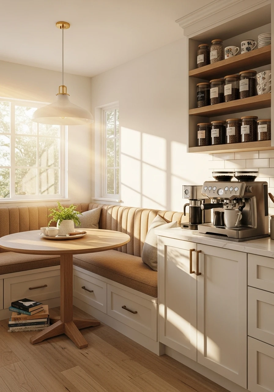 Coffee bar integrated into sunny breakfast nook with built-in bench seating


