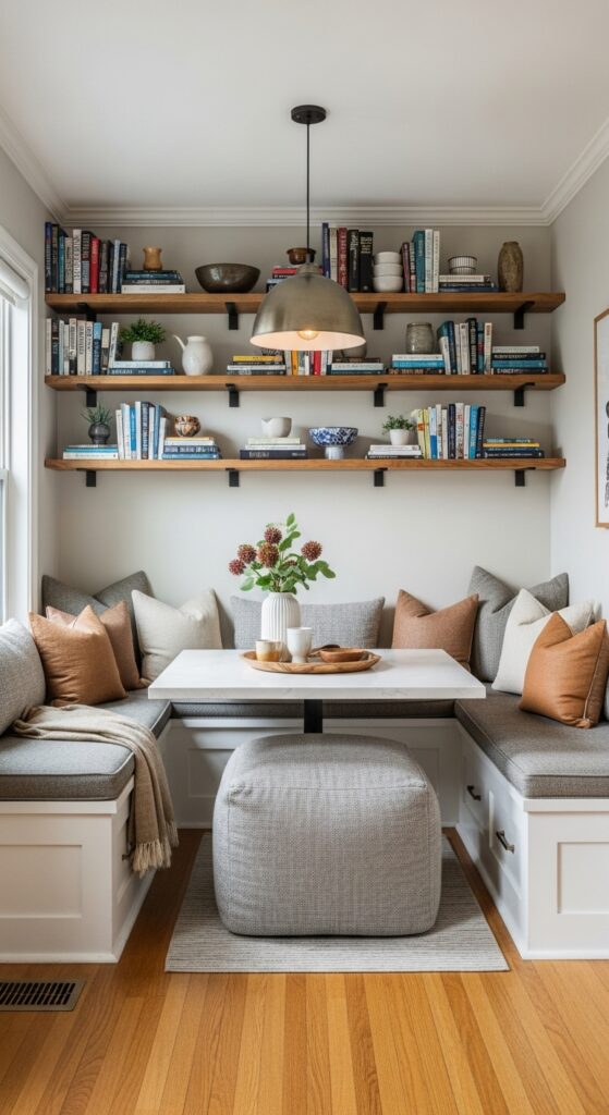  Kitchen breakfast nook converted to reading corner with built-in bench seating and wall-mounted bookshelves