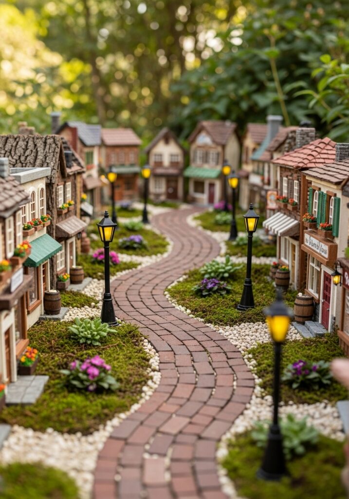 Miniature brick street with fairy shops lining both sides