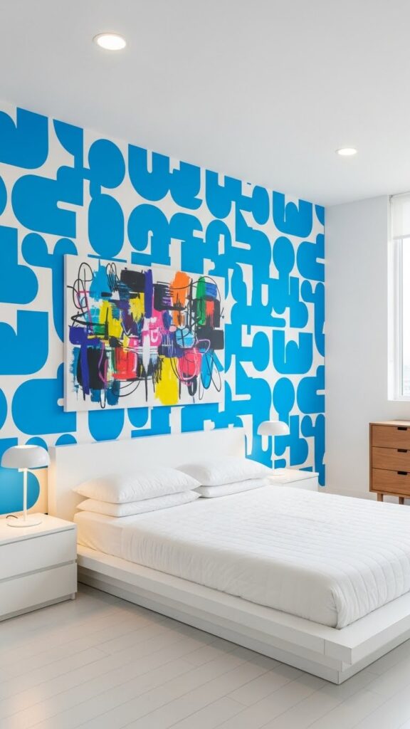 Bright cerulean blue abstract shapes wallpaper in contemporary minimalist bedroom