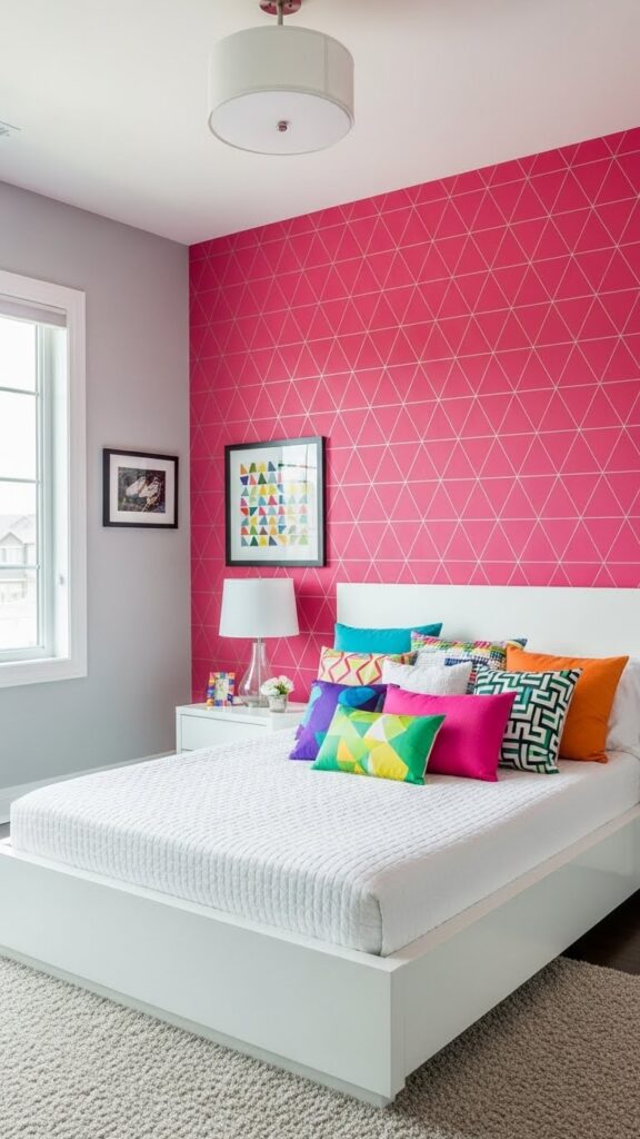 Bright pink geometric triangle pattern wallpaper accent wall in modern energetic bedroom