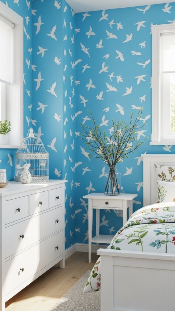 Bright sky blue wallpaper with white bird silhouettes in nature-inspired bedroom