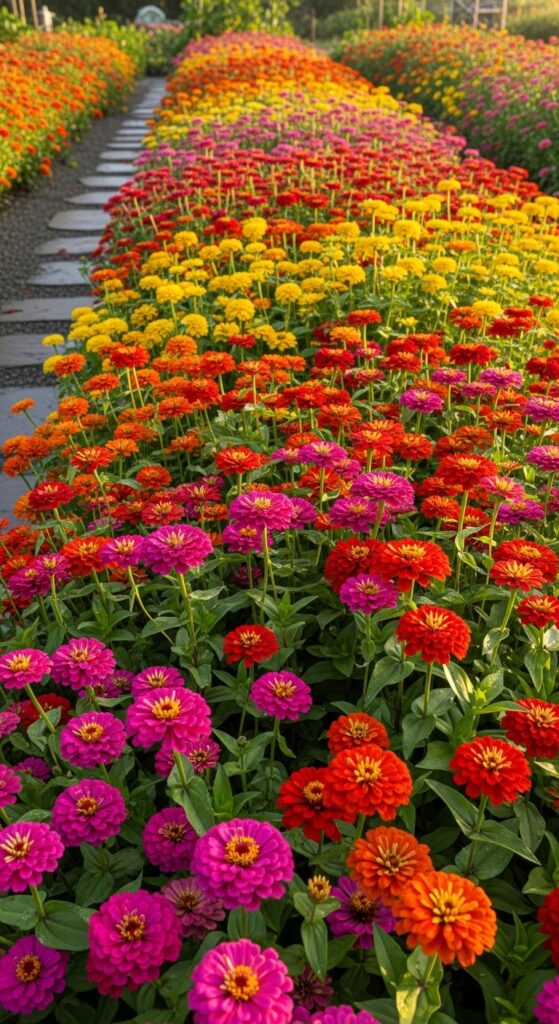 Rows of colorful zinnias organized by color in cutting garden with bright blooms