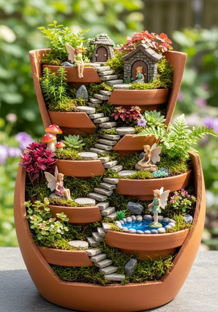 Cascading fairy garden created in broken terracotta pot with multiple levels
