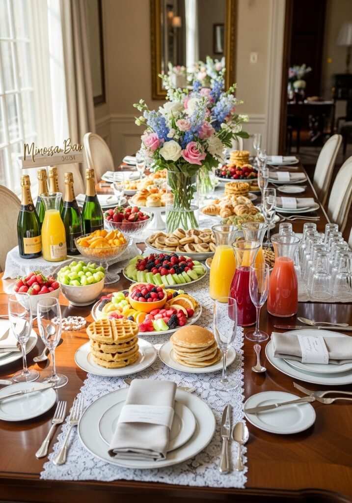Brunch baby shower table with elegant spread and champagne flutes