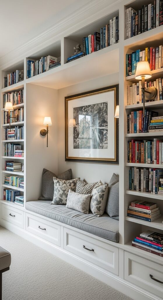 Custom built-in alcove reading nook with floor to ceiling bookshelves and cushioned bench seat