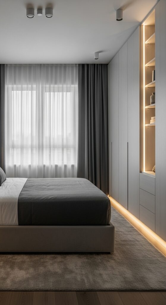 Bedroom with floor-to-ceiling built-in storage flanking bed creating seamless organization