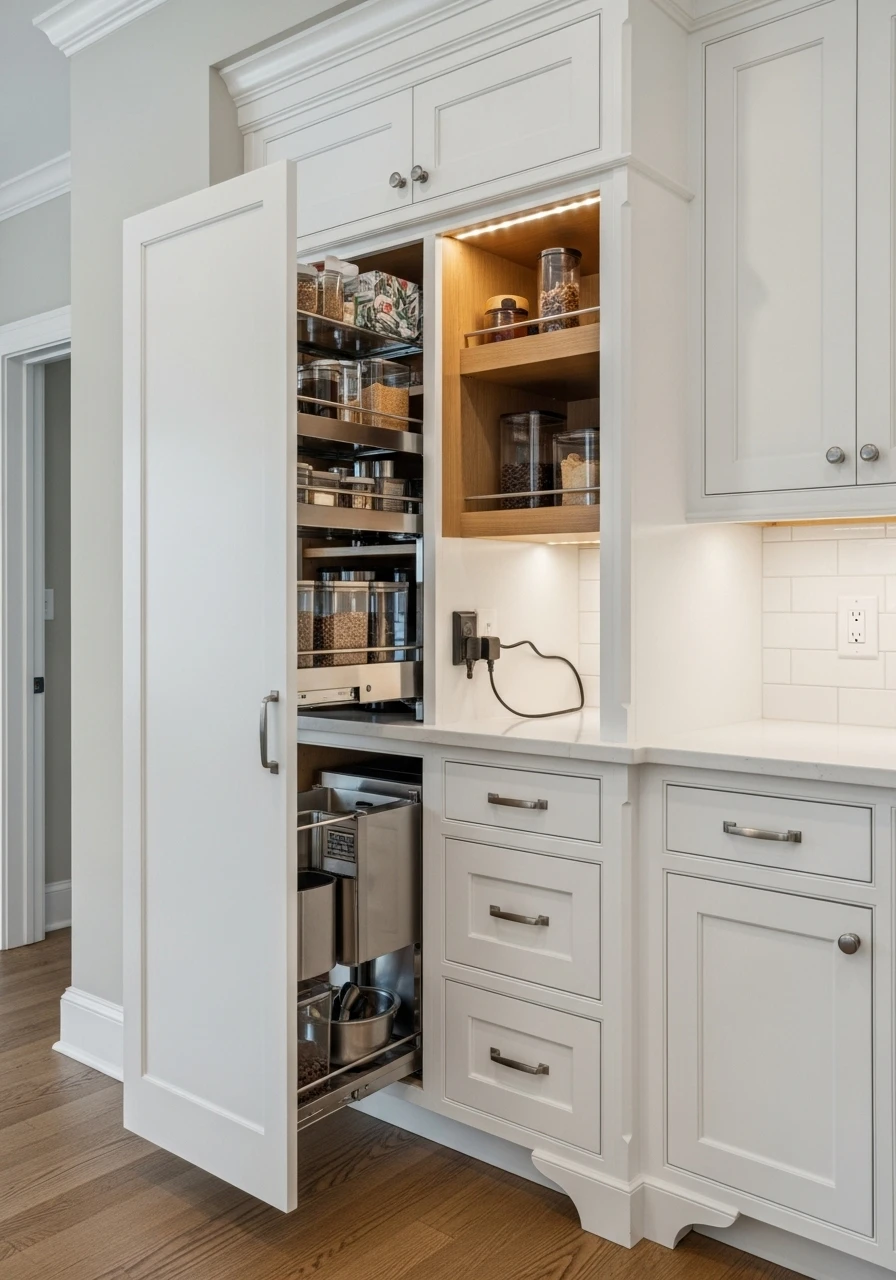  Custom built-in kitchen cabinet coffee bar with pull-out shelves and pocket door

