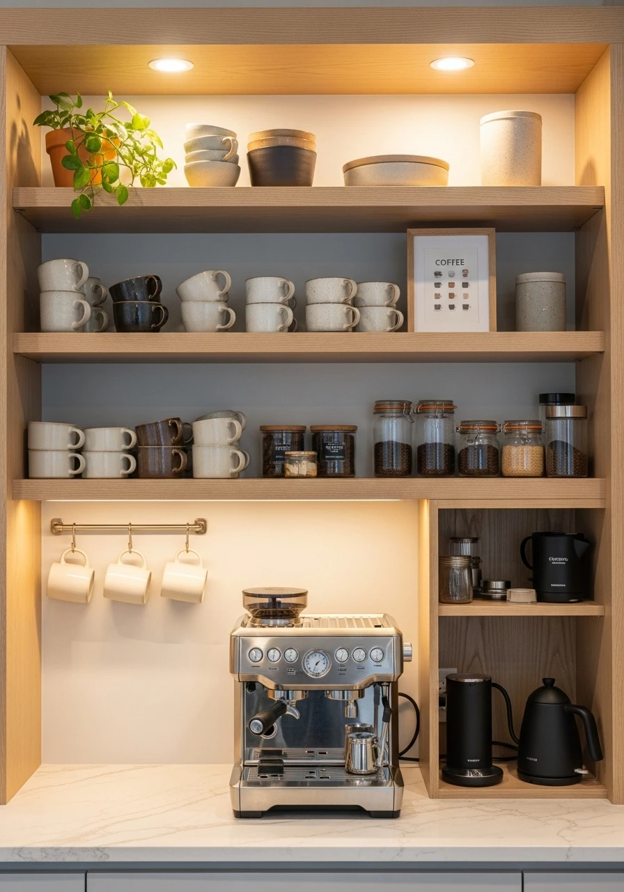 Built-in kitchen coffee station with open shelving and espresso machine