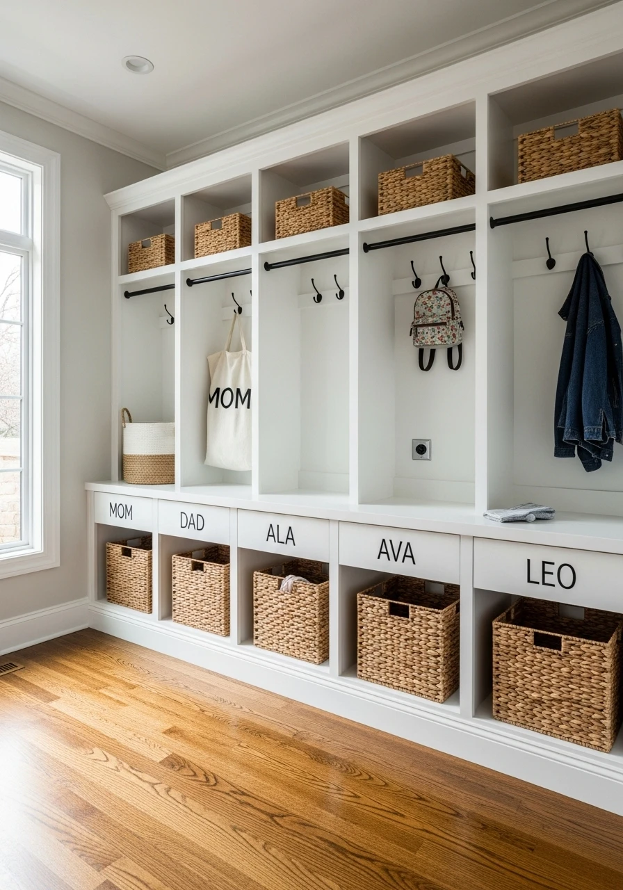 Built-in cubbies labeled for each family member in laundry room