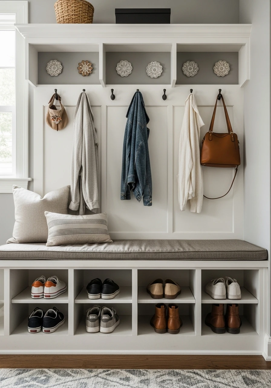 Built-in mudroom bench with storage cubbies and hooks