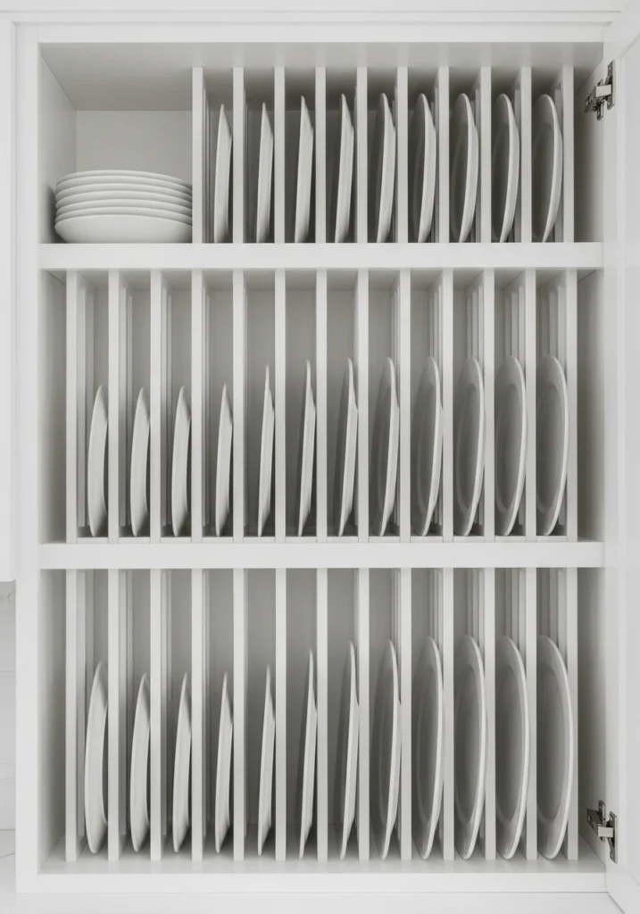 Custom built-in kitchen cabinet plate rack with vertical slots for organized storage