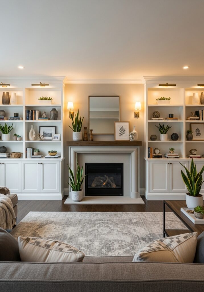 Floor-to-ceiling built-in shelving flanking living room fireplace