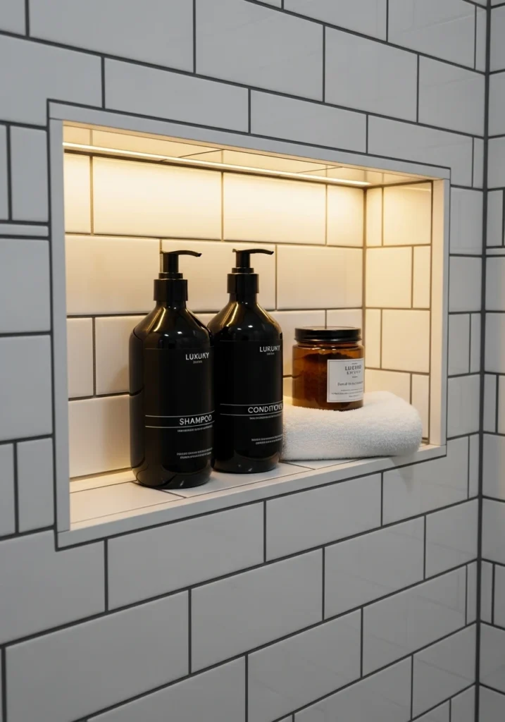  Built-in shower niche with LED lighting and organized products