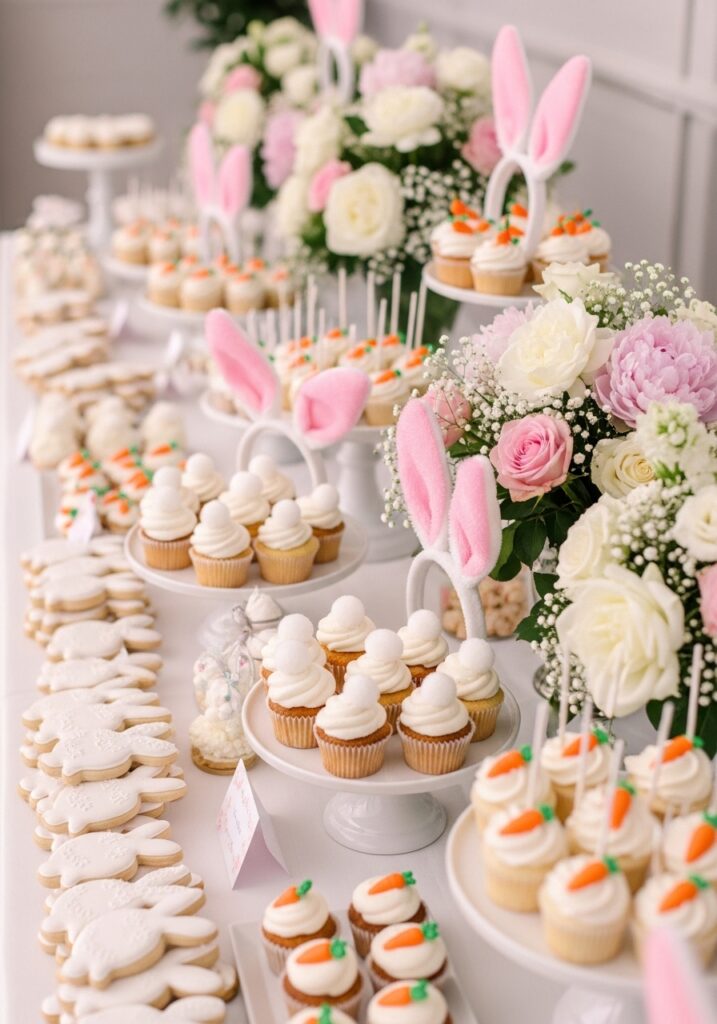 Bunny baby shower dessert table with pink and white bunny themed decorations
