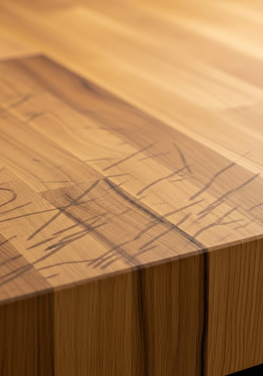Close-up of butcher block kitchen countertop showing natural wood grain texture