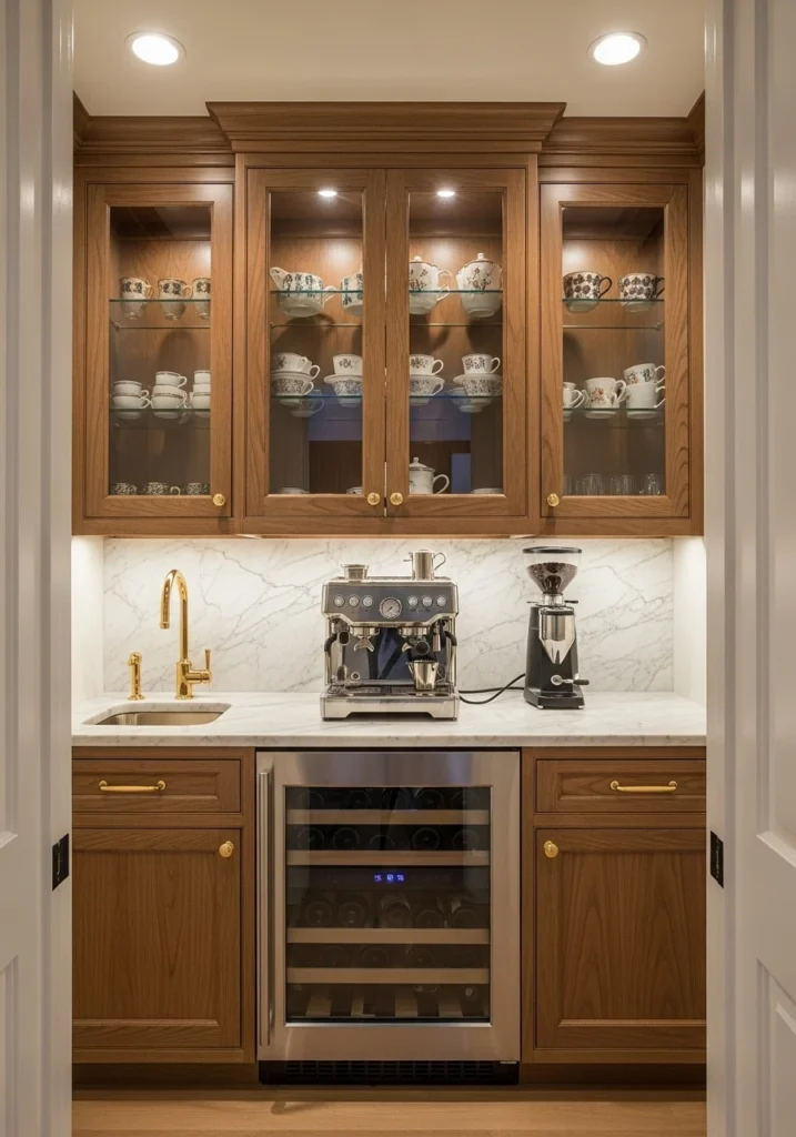 Luxury butler's pantry coffee bar with marble counters, glass cabinets, and espresso equipment