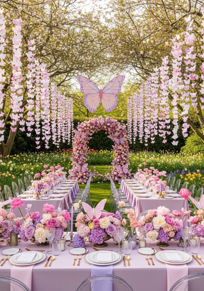 Butterfly garden baby shower outdoors with floral decorations and butterfly garlands