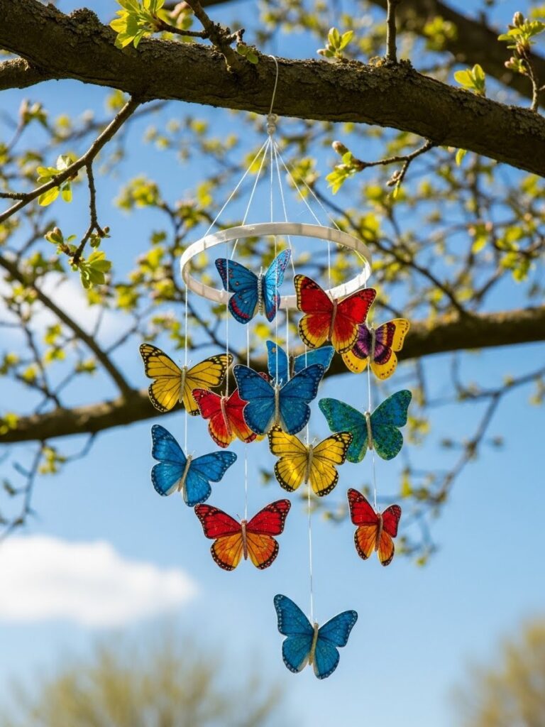 Colorful butterfly mobile hanging outdoors in spring