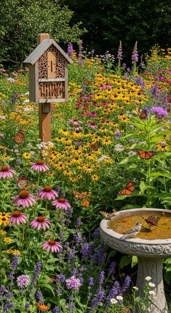 Colorful butterfly and pollinator garden with wildflowers, bee house, and bird bath