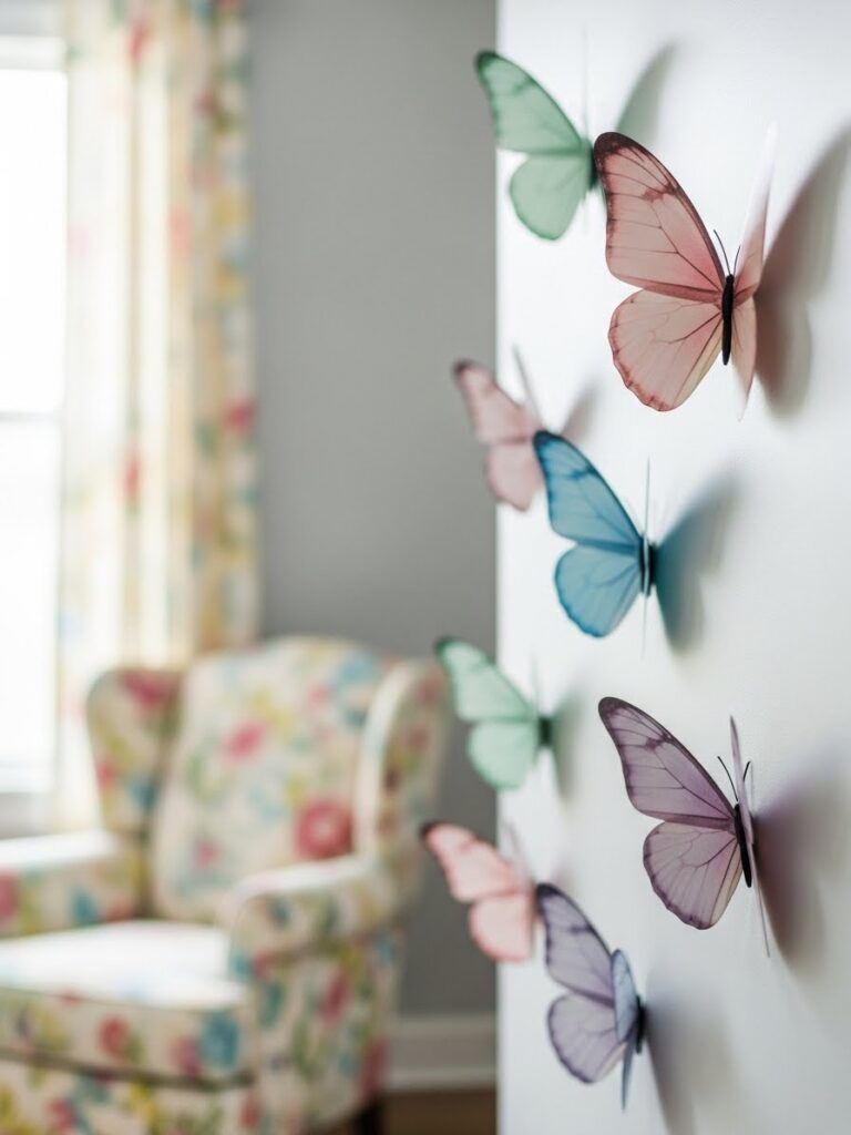 Close-up of pastel butterfly wall decals used as playful spring home decor indoors