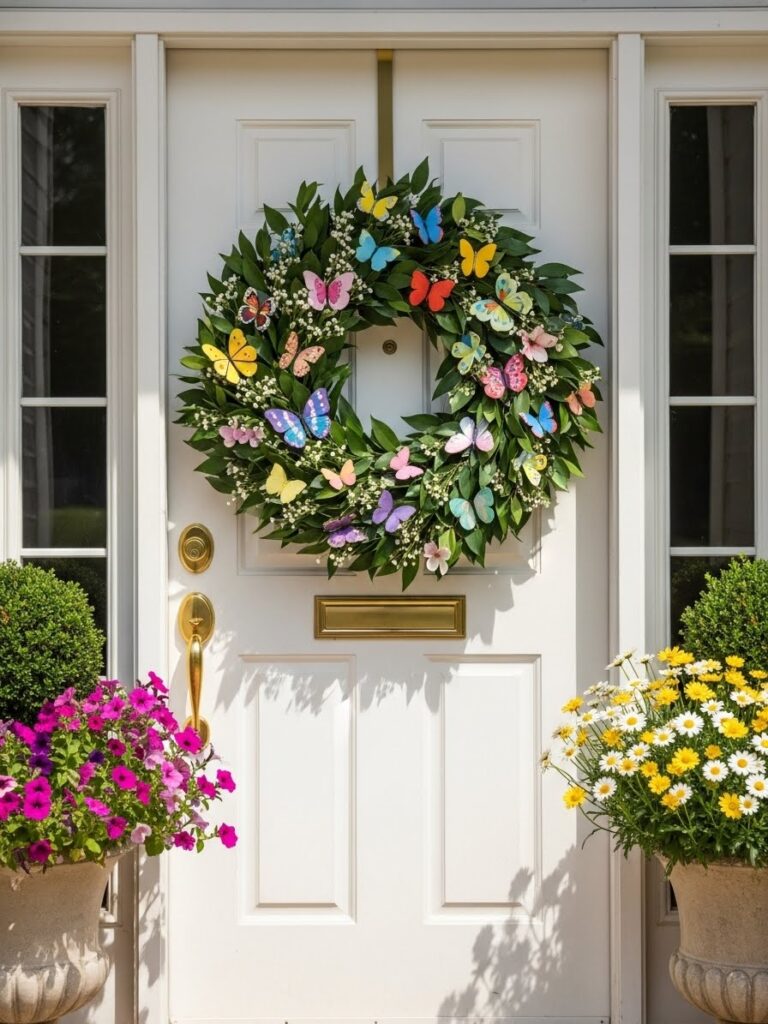 Butterfly wreath decorating a front door for spring