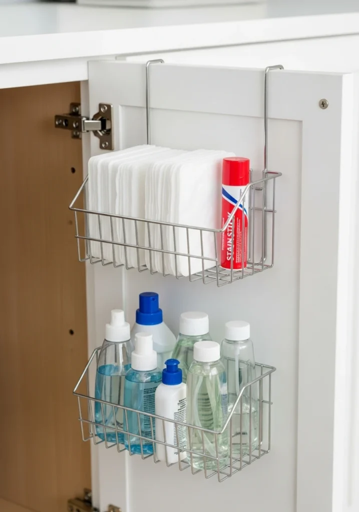 Wire baskets mounted inside cabinet door for small item storage