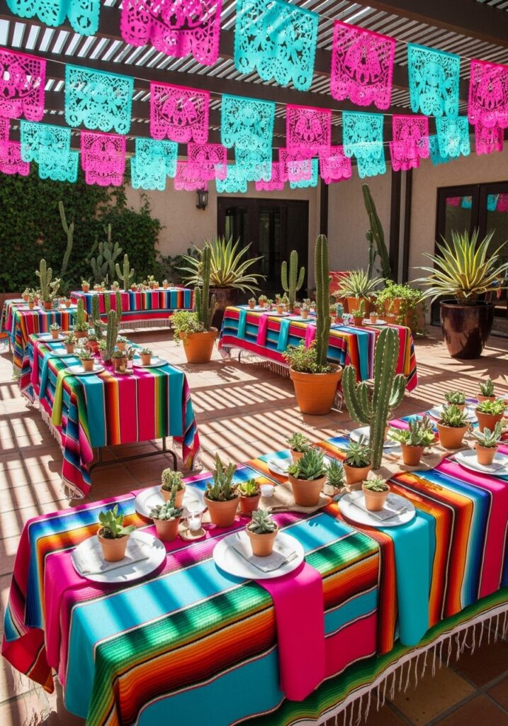 Cactus fiesta baby shower with colorful Mexican decorations and succulent centerpieces