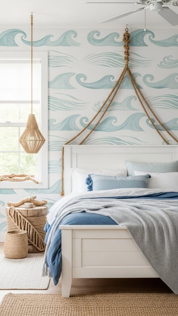 Calm blue-green watercolor wave wallpaper in tranquil coastal bedroom
