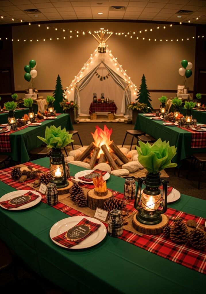 Camping adventure baby shower with indoor tent and rustic outdoor decorations