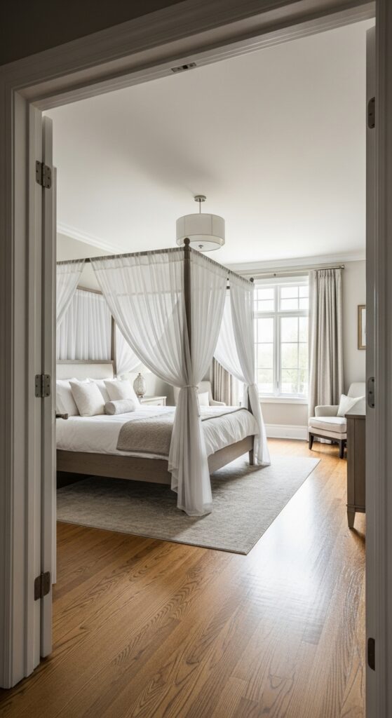 Elegant four-poster bed with sheer white canopy creating romantic bedroom atmosphere
